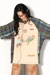 ミルクシルクチェック柄パッチワークデザイン半袖Tシャツ