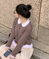 Round collar striped frill T-shirt