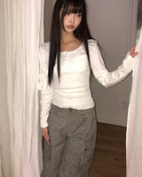Mute U-Neck Pocket Long Sleeve T-Shirt