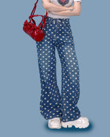 heart pattern denim pants