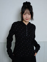 FLOWER WAFFLE BUTTON HOODIE - BLACK