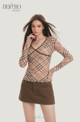 London checkered V-neck long-sleeved shirt