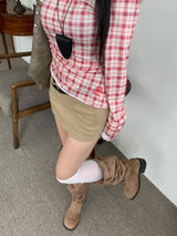 チェリーレッドチェクオフショルダーシャーリングスリムフィットロングスリーブTシャツ (Red)