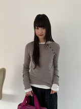 カニットダイアゴナルボタンラウンド長袖Tシャツ