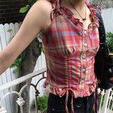 fullin Shirring String Button Sleeveless Blouse
