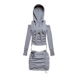 OFF SHOULDER HOODED LONG SLEEVE GRAY