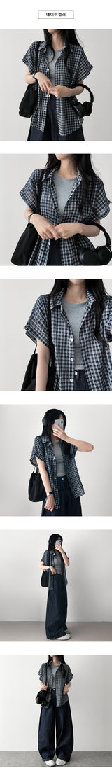 Shapo チェック柄バルーンスリーブロールアップ半袖シャツ