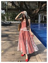 Red cherry checkered lace sleeveless long dress