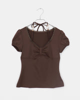 Code Beads Ribbon Shirring Puffed Short-Sleeved T-Shirt