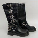 Six buckle belt long worker leather boots