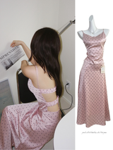 pink silk dot backless skirt two-piece