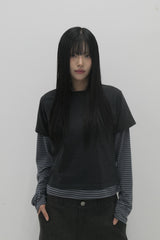 レイヤードストライプクロップTシャツ チャコール