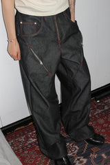 [Hand-Made "003"] Zipper & Flower Black Denim Pants