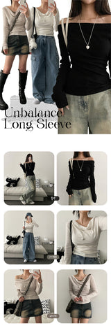 Lean Shirring Unbalanced Long Sleeve T-shirt