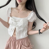Sito Ribbon Lace Puff Short Sleeve Blouse