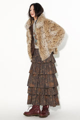 Short fur coat with animal print lapels and a standing collar