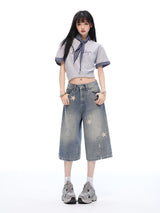 Vintage Star Print Washed Wide Cropped Denim Pants