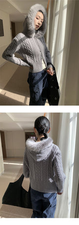 Warm Fur Hooded Zip-Up Knit Cardigan