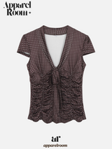 Dot Silk Shirring Strap Short-Sleeved Blouse
