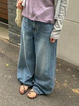 ギャランジフォールドオーバーローウォッシュ加工ワイドデニムパンツ