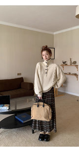 high-neck button bold ribbed loose fit knitwear