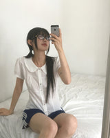ZENNIE Round Collar Pintuck Lace Puffed Short-Sleeved Blouse