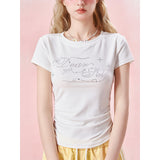 [GirlyFancyClub] Exquisite Small Rhinestone Letter Summer Square Neck T-shirt