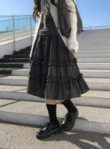 ロアビンテージチェックフリルティアードミディスカート