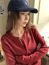 Round button waffle long-sleeved t-shirt