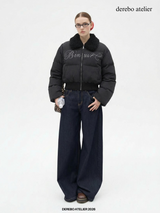 Black beads wool collar short padded coat