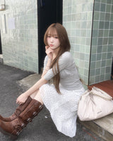 Dot frill midi skirt