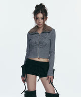 FUR COLLAR GRAPHIC KNIT ZIP-UP_GREY