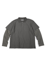 (BASE) レイヤードストライプポロ長袖Tシャツ (チャコール)