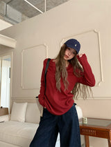 Round button waffle long-sleeved t-shirt