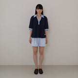 Navy Half Open Collar Tee
