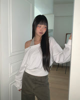 Holdit stripe halter sleeveless eyelet オフショルダー長袖スウェットシャツセット