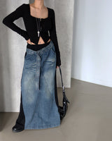 denim coloring belt SET maxi long skirt
