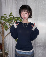 (3color) シャーリングストライプレイヤードウォーマーT [Thin Long Sleeve Tee]