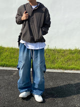 Washing diagonal balloon cargo denim pants 2C
