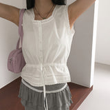 Posop Lace String Button Sleeveless Blouse