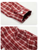 Red checkered shirring long-sleeve shirt