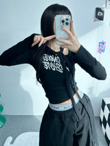 スカーフポイントシャーリングセミクロップレタリングロングスリーブ T🖤💙🤍🤎 - 4 カラーズ