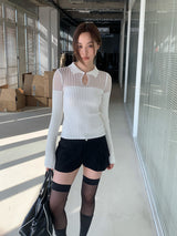 Collar See-Through Stripe Long Sleeve T-Shirt