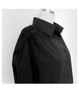 Twill shoulder ribbon shirring loose fit crop shirt (2 colors)