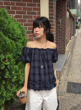 Ame Check Off-Shoulder Frill Short Sleeve Blouse