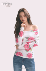 Pink rose off-shoulder long-sleeve top