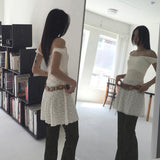 Seopo lace punching puff see-through off-shoulder mini dress