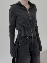 Hard high-neck washed knit zip-up
