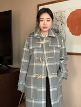 [SHOPPERMADE] アッシュグレーチェックウールロングダッフルコート