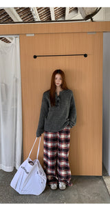 Cotton Check Casual Wide Pants